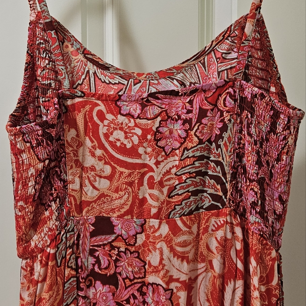 Free People Forever Yours Smocked Slip Dress Maxi Ruffled Slit Floral Red Sm NWT - Picture 13 of 16